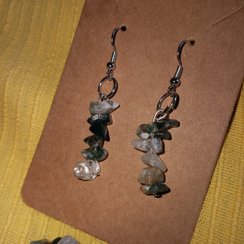 Hand Crafted green jasper chip gemstone statement earrings drop dangling pierced